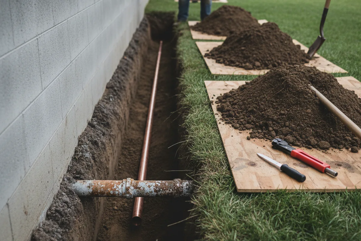 Excavated water line trench during Water Heater Repair in Parsons